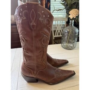 JK Woman's Brown‎ Leather Western Vintage Cowboy Boots Block Heel, Mid Calf 39 M
